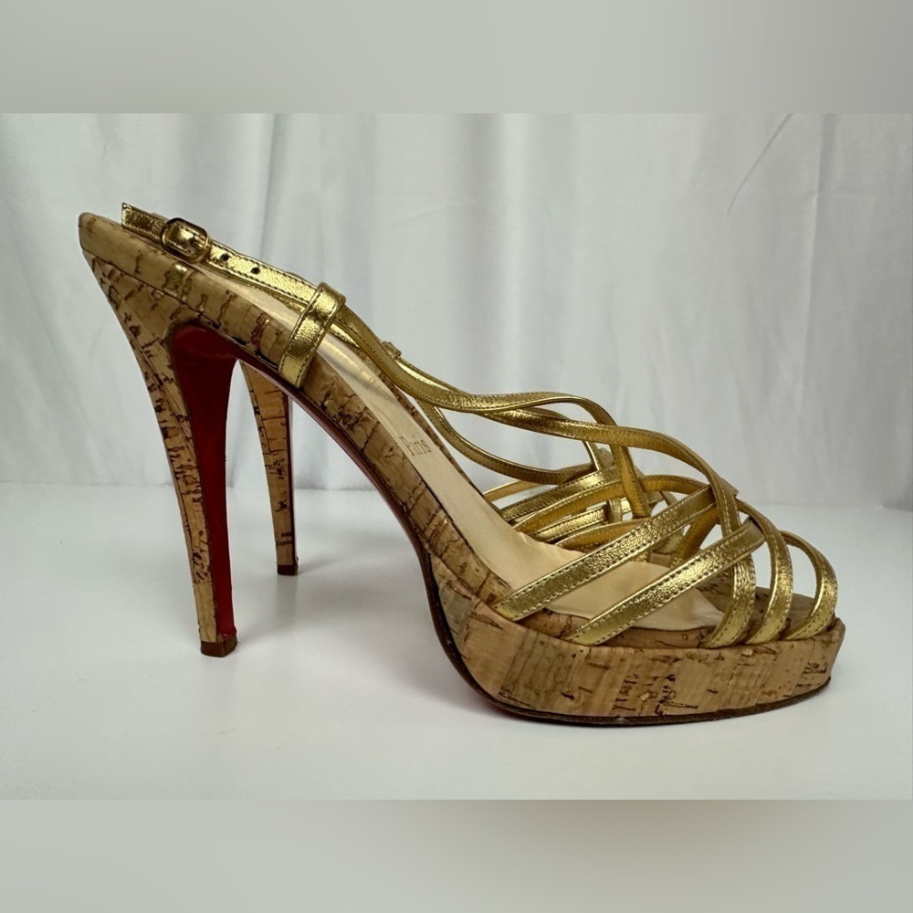 Christian Louboutin Gold Cork Cage Zeppa Platform Strappy Sandal Sz 7.5 - Picture 3 of 8
